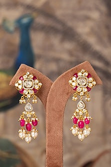 Gold Plated Red Kundan Polki Dangler Earrings In Sterling Silver