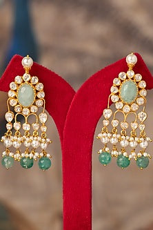 Gold Plated Russian Emerald & Kundan Polki Dangler Earrings In Sterling Silver