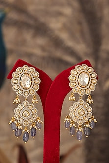 Gold Plated Grey Kundan Polki Dangler Earrings In Sterling Silver