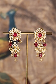 Gold Plated Red Kundan Polki Dangler Earrings In Sterling Silver
