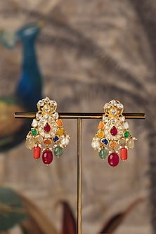Gold Plated Multi-Colored Kundan Polki Dangler Earrings In Sterling Silver
