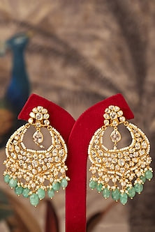 Gold Plated Green Kundan Polki Chandbali Earrings In Sterling Silver