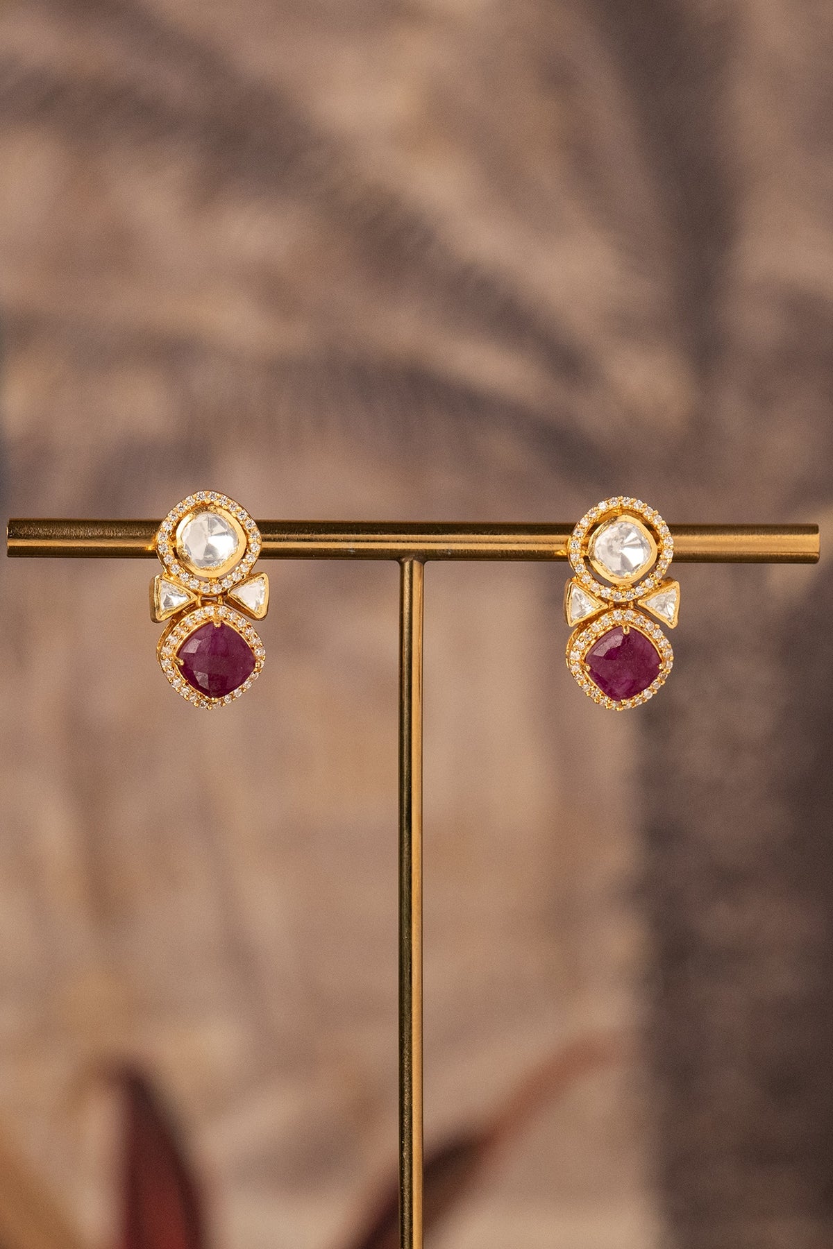 Gold Plated Red Kundan Polki Stud Earrings In Sterling Silver
