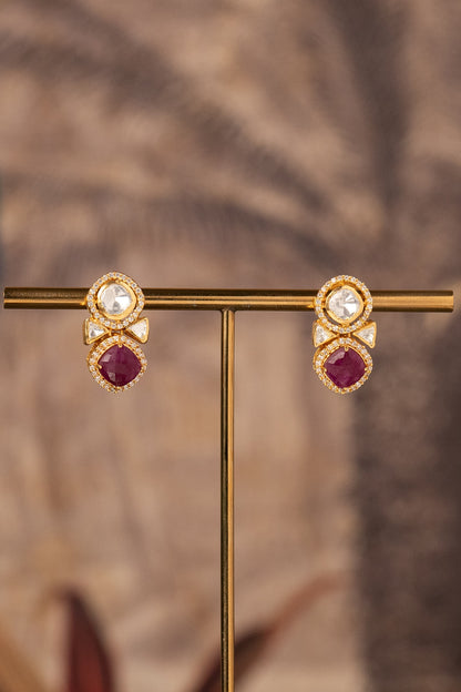 Gold Plated Red Kundan Polki Stud Earrings In Sterling Silver