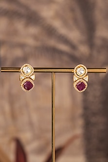 Gold Plated Red Kundan Polki Stud Earrings In Sterling Silver