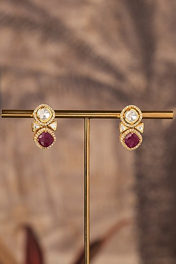 Gold Plated Red Kundan Polki Stud Earrings In Sterling Silver