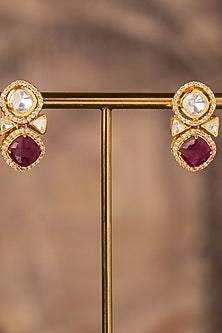 Gold Plated Red Kundan Polki Stud Earrings In Sterling Silver