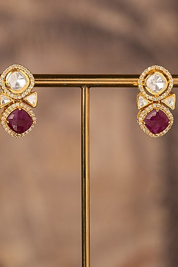 Gold Plated Red Kundan Polki Stud Earrings In Sterling Silver