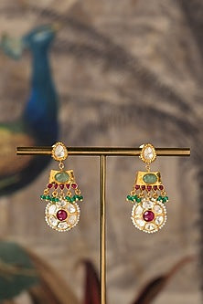 Gold Plated Red Kundan Polki Dangler Earrings In Sterling Silver