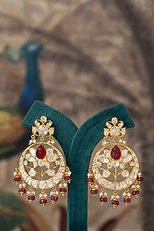 Gold Plated Red Kundan Polki Chandbali Earrings In Sterling Silver
