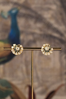 Gold Plated White Kundan Polki Stud Earrings In Sterling Silver