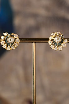 Gold Plated White Kundan Polki Stud Earrings In Sterling Silver