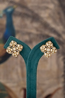 Gold Plated White Kundan Polki Stud Earrings In Sterling Silver