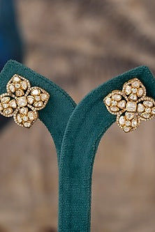 Gold Plated White Kundan Polki Stud Earrings In Sterling Silver