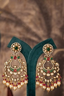 Gold Plated Kundan Polki Chandbali Earrings In Sterling Silver