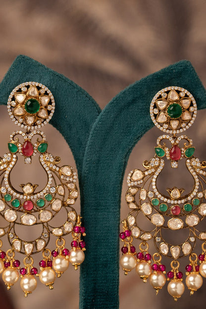 Gold Plated Kundan Polki Chandbali Earrings In Sterling Silver