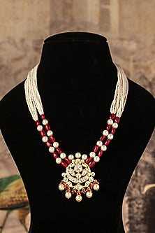 Gold Finish Kundan Polki & Beaded Long Necklace In Sterling Silver