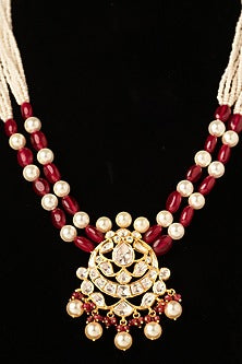 Gold Finish Kundan Polki & Beaded Long Necklace In Sterling Silver