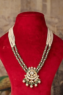 Gold Finish Kundan Polki & Beaded Long Necklace In Sterling Silver