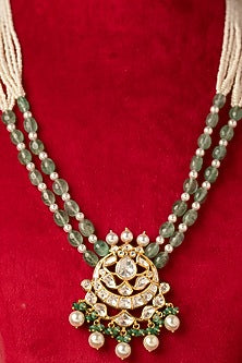 Gold Finish Kundan Polki & Beaded Long Necklace In Sterling Silver