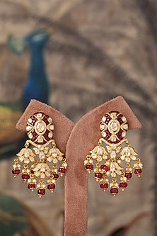 Gold Plated Red Kundan Polki Dangler Earrings In Sterling Silver