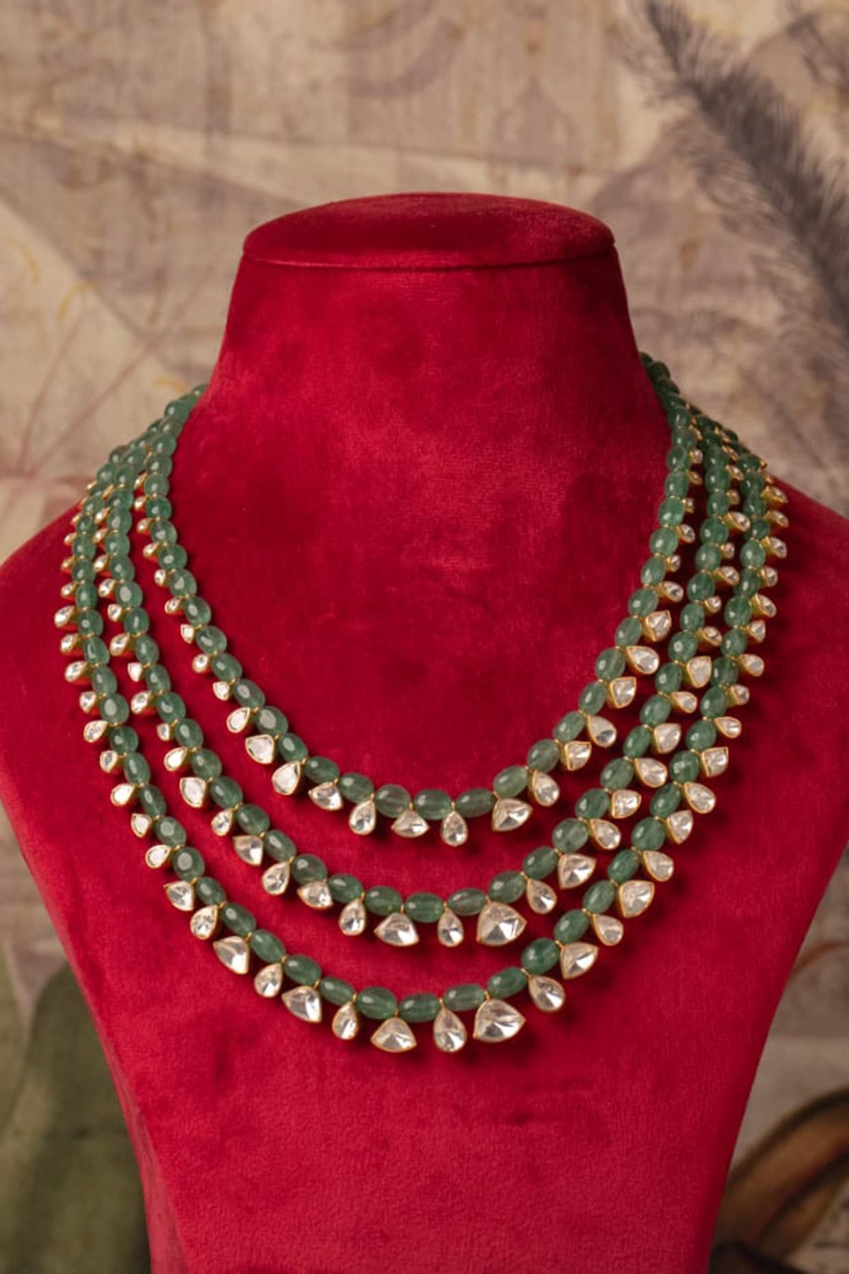 Gold Plated Green Kundan Polki Layered Necklace In Sterling Silver
