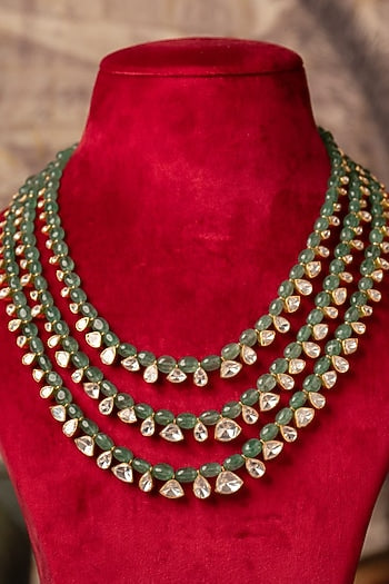 Gold Plated Green Kundan Polki Layered Necklace In Sterling Silver