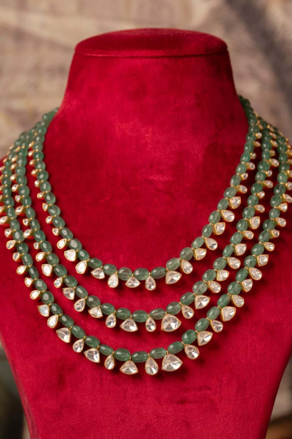 Gold Plated Green Kundan Polki Layered Necklace In Sterling Silver