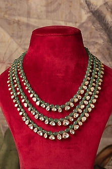 Gold Plated Green Kundan Polki Layered Necklace In Sterling Silver