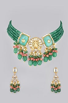Gold Finish Kundan Polki & Green Beaded Choker Necklace