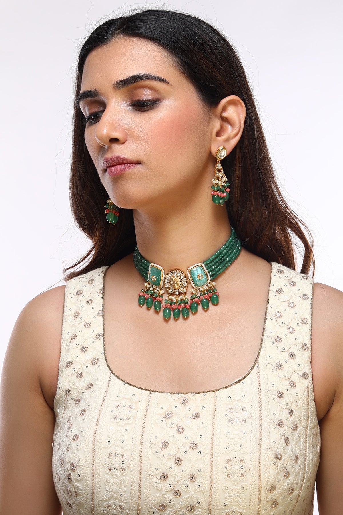 Gold Finish Kundan Polki & Green Beaded Choker Necklace