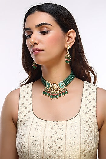 Gold Finish Kundan Polki & Green Beaded Choker Necklace