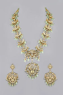 Gold Finish Kundan Polki & Mint Beaded Long Necklace