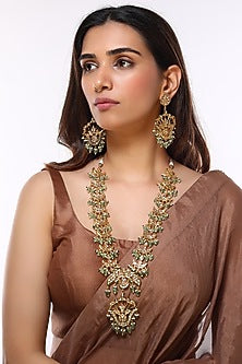 Gold Finish Kundan Polki & Mint Beaded Long Necklace