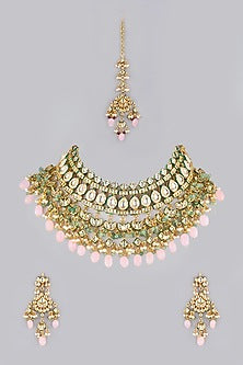 Gold Finish Kundan Polki & Mint Beaded Choker Necklace