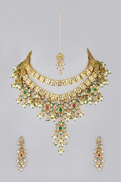 Gold Finish Kundan Polki & Pearls Choker Necklace