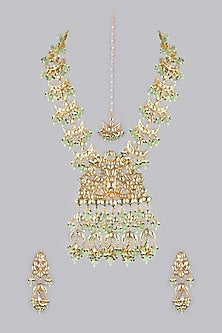Gold Finish Kundan Polki & Mint Green Beaded Long Necklace