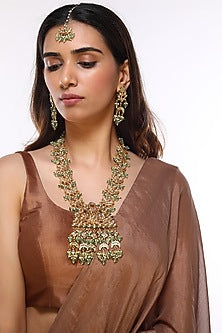 Gold Finish Kundan Polki & Mint Green Beaded Long Necklace