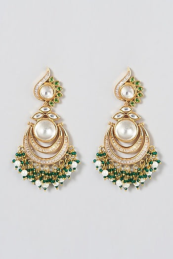 Gold Finish Kundan Polki & Pearl Chandbaali Earrings