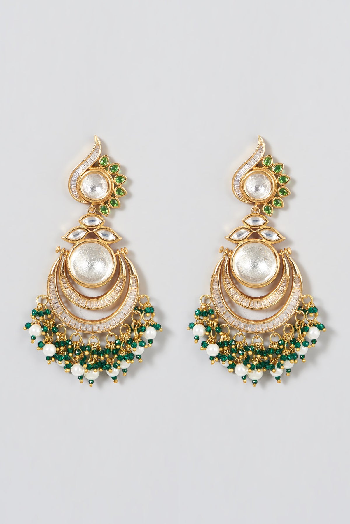 Gold Finish Kundan Polki & Pearl Chandbaali Earrings