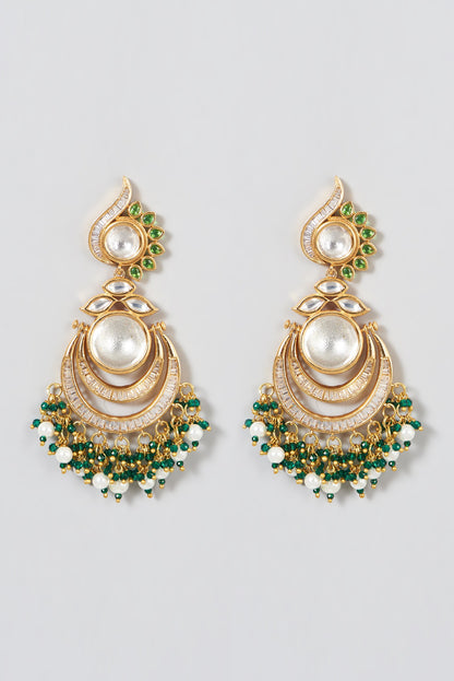Gold Finish Kundan Polki & Pearl Chandbaali Earrings