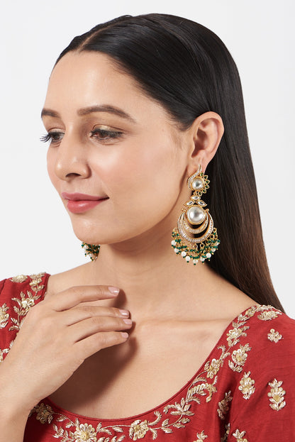 Gold Finish Kundan Polki & Pearl Chandbaali Earrings