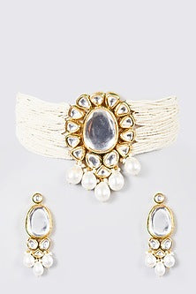 Gold Finish Kundan Motifs & Pearl Choker Necklace Set