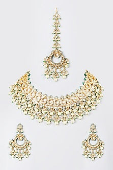 Gold Finish Kundan Polki & Pearl Drops Necklace Set