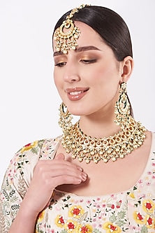 Gold Finish Kundan Polki & Pearl Drops Necklace Set