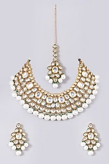 Gold Finish Kundan Polki & Pearl Necklace Set