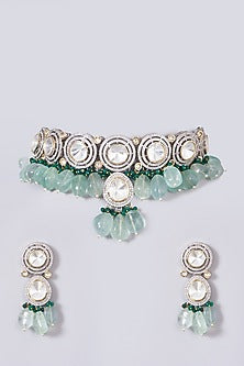 Two-Tone Finish Zircon & Mint Green Beaded Necklace Set