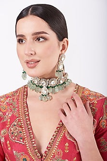 Two-Tone Finish Zircon & Mint Green Beaded Necklace Set