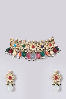 Gold Finish Multi-Colored Beaded Choker Necklace Set