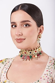 Gold Finish Multi-Colored Beaded Choker Necklace Set